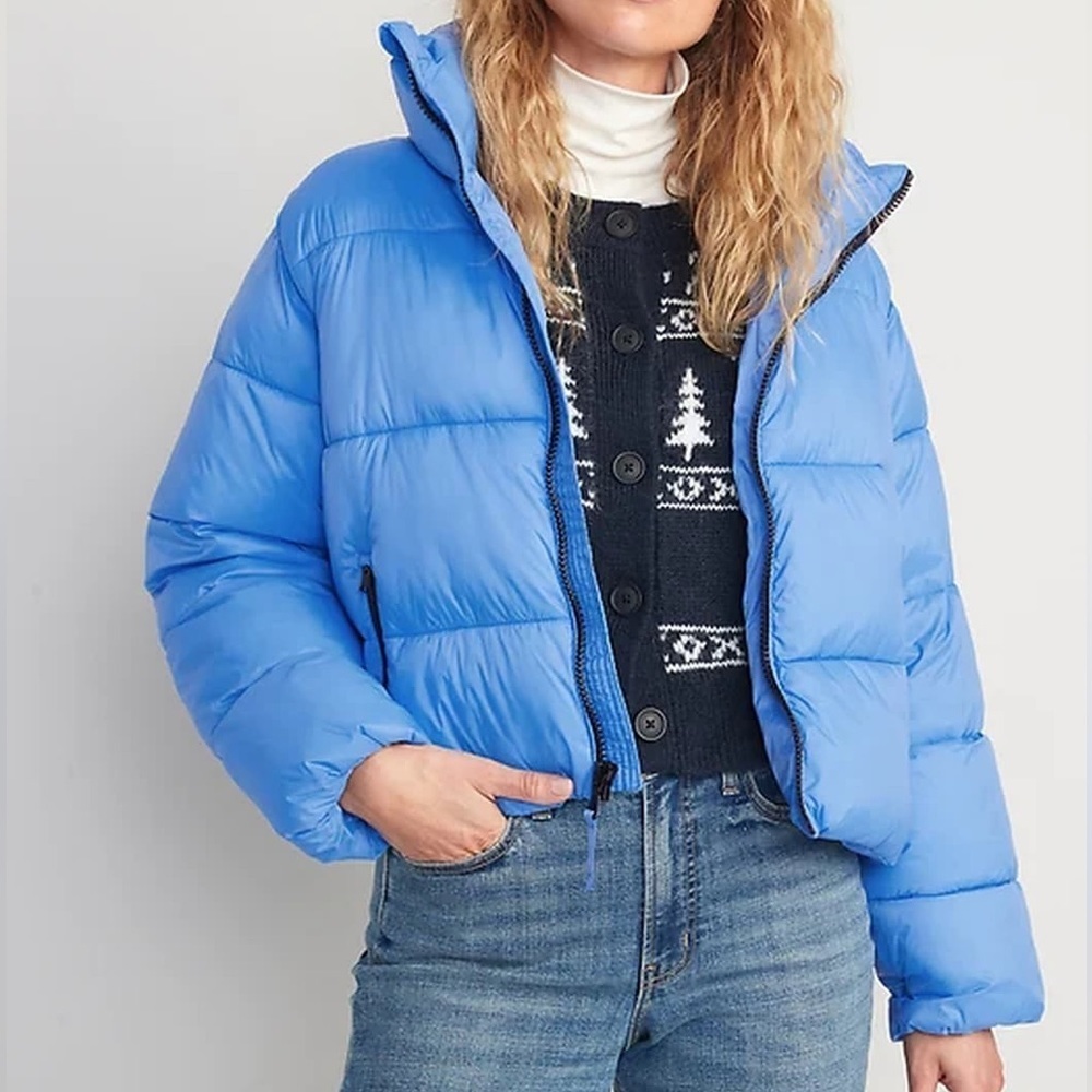 Old Navy Water Resistant Frost Free Sky Blue Black Zip Puffer Jacket Size XL